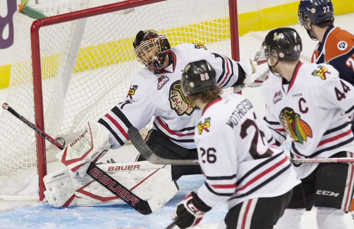 The puck gets past Portland goaltender Mac Carruth in game 5 of the Western Conference playoffs against the Kamloops on Saturday.