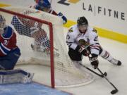 Portland Winterhawks left wing Sven Bartschi could not score on this wrap-around attempt in Game 6 of the Western Hockey League finals against Edmonton, but led all WHL scorers in the playoffs with 34 points.