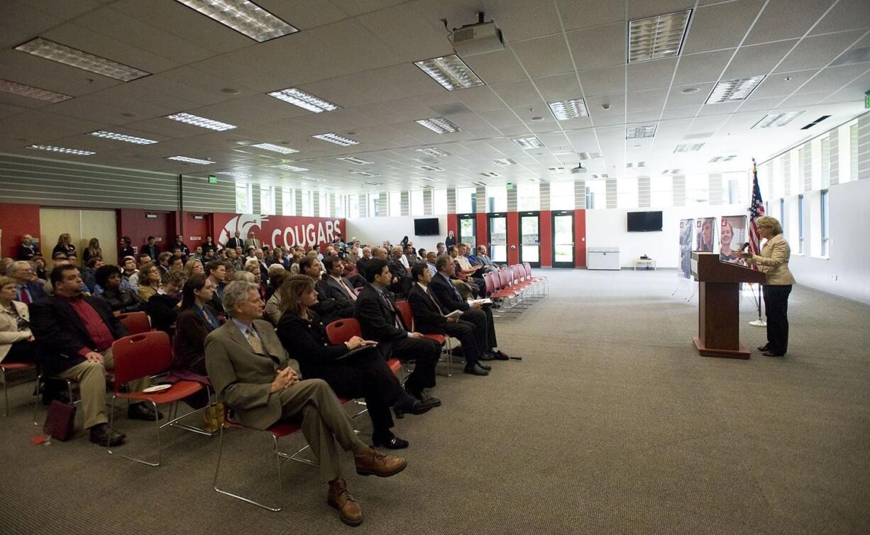 More than 100 business and political leaders from throughout the metro area gathered at the Firstenburg Student Commons at WSU Vancouver on Thursday to hear Gov.