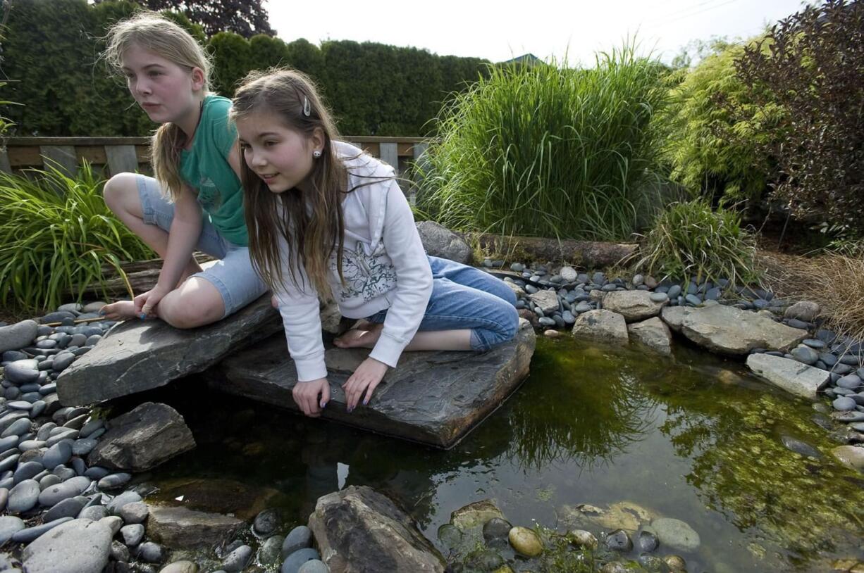 Eleven-year-old Shelby Ramirez, left, and 12-year-old Skylee Ramirez look for frogs in a small pond on their family's property in Camas. Their parents encourage them to play outdoors as much as possible.