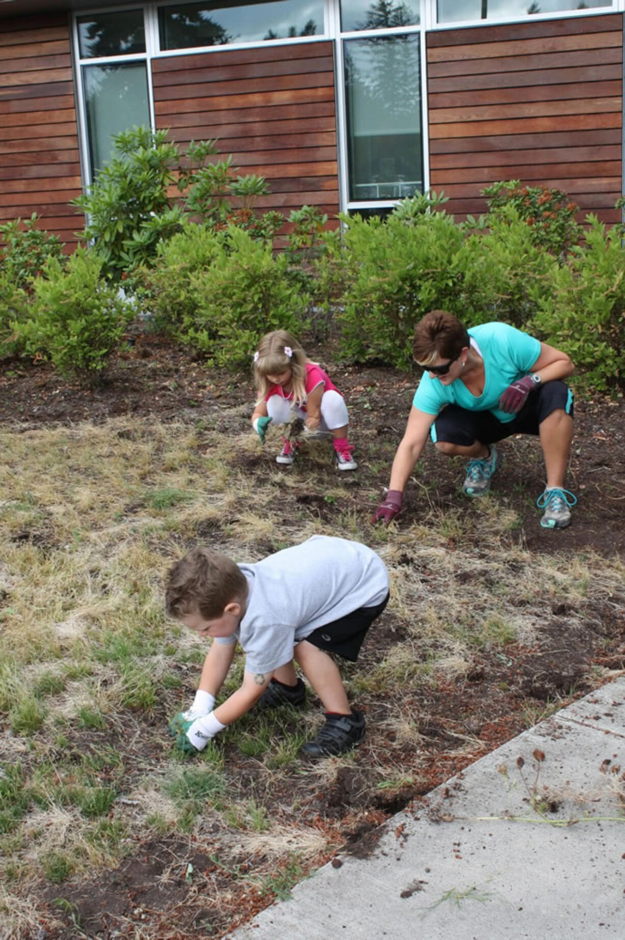 Fircrest: Volunteers Dylan Knox, 3,  front, and Morgan Knox, 5, left, weed at the Firstenburg Community Center with their mom, Laura Knox.