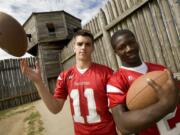 Fort Vancouver's Jordan Vela, left, and Abdul Conteh, photographed at the Fort Vancouver National Historic Site, are splitting up from running in the same backfield last season.