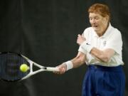 Martha Frederick, playing here during a group tennis class at the Vancouver Tennis Center, was introduced to the sport while growing up in Berkeley, Calif.