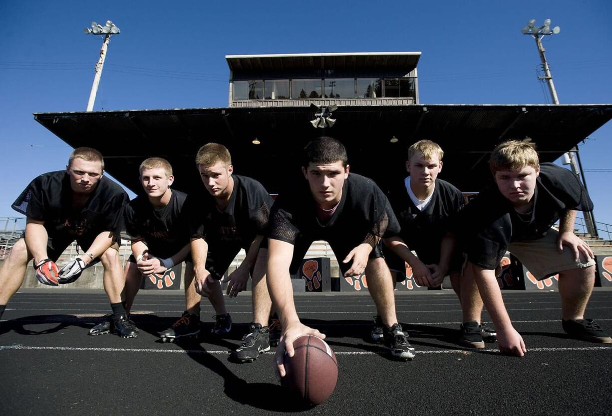 The Washougal front line includes (from left) Zach Boland, Dylan Ritchey, Jarrett Gregory, Anthony Valdez, Tyler Purkeypyle and Christian Edmondson.