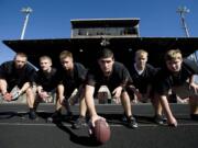 The Washougal front line includes (from left) Zach Boland, Dylan Ritchey, Jarrett Gregory, Anthony Valdez, Tyler Purkeypyle and Christian Edmondson.