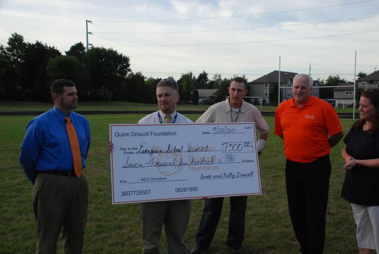 The Quinn Driscoll Foundation donated $7,500 to Evergreen Public Schools to purchase five defibrillators.