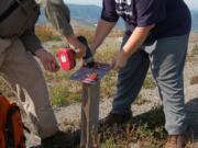 Jerry Whittig, left, of Edgewood and Anthea Fallen-Bailey of Vancouver install resource protection signs near Johnston Ridge Observatory during the 2011 National Public Lands Day.