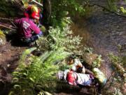 Trained members of the all-volunteer Volcano Rescue Team, lashed to a rope system behind them, prepare to hoist injured kayaker Joseph Grudger about 15 feet up a ledge along the North
Fork of the Lewis River in Skamania County on Wednesday. Once they reached the top of the ledge, still attached to the ropes, they carried him uphill for about 100 yards to the road and an ambulance.