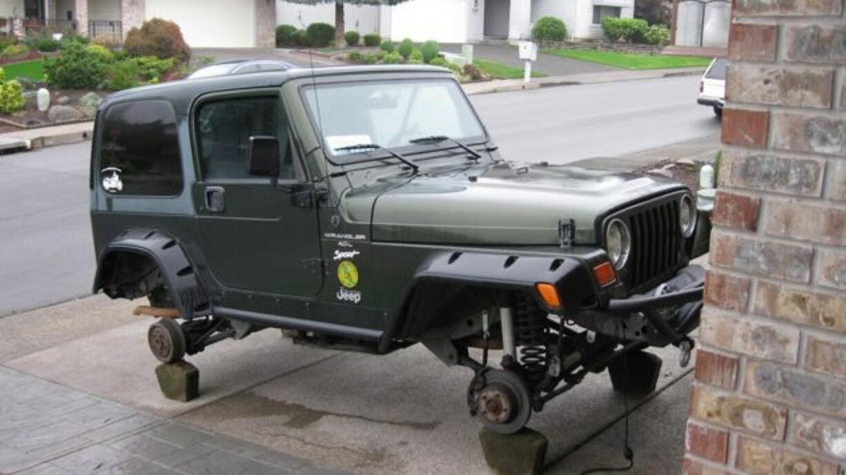 Thieves left an injured man's Jeep on blocks after stealing its wheels and tires early Saturday.