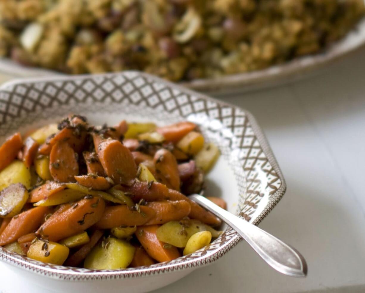 Seeded Glazed Carrots and Fennel Sausage Cornbread Stuffing.