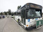 A C-Tran bus prepares to depart the Vancouver Mall Transit Center in April.