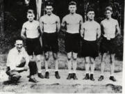 Mac's Stable: From left, manager Floyd McIrvin (kneeling), Dutch Douring, Bud Beedle, Pete &quot;The Mighty Mauler&quot; Ritter, Stanley Sargent and Tommy Walsh.