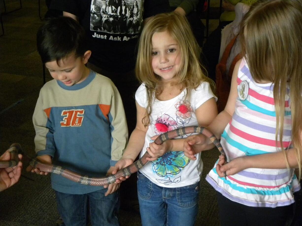 Eric Florip/The Columbian
From left, Jonathan Roy, 3, of Woodland and McKenna Burleson, 4,  and Cadence Burleson, 5, both of Vancouver, hold a Honduran milk snake Saturday.