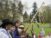 The Eagle Staff waits to be placed at the annual Nez Perce Chief Redheart Memorial Ceremony at Fort Vancouver National Historic Site.