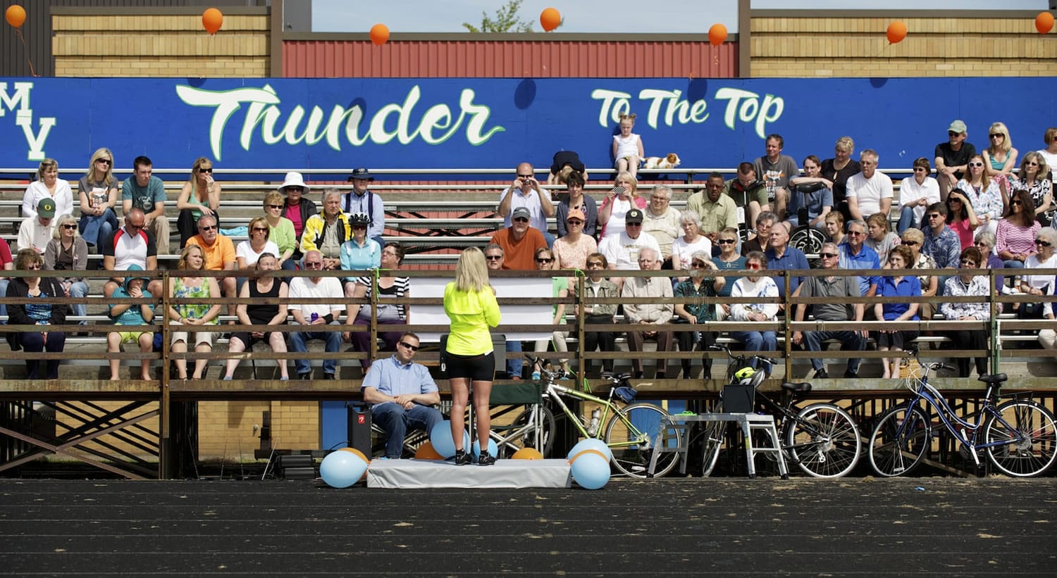 Photos by Steven Lane/The Columbian
About 100 supporters showed up Sunday afternoon at the Mountain View High School track to support Lori Salierno's 3,000-mile bicycle trek. Her organization's leadership classes are offered at Mountain View.