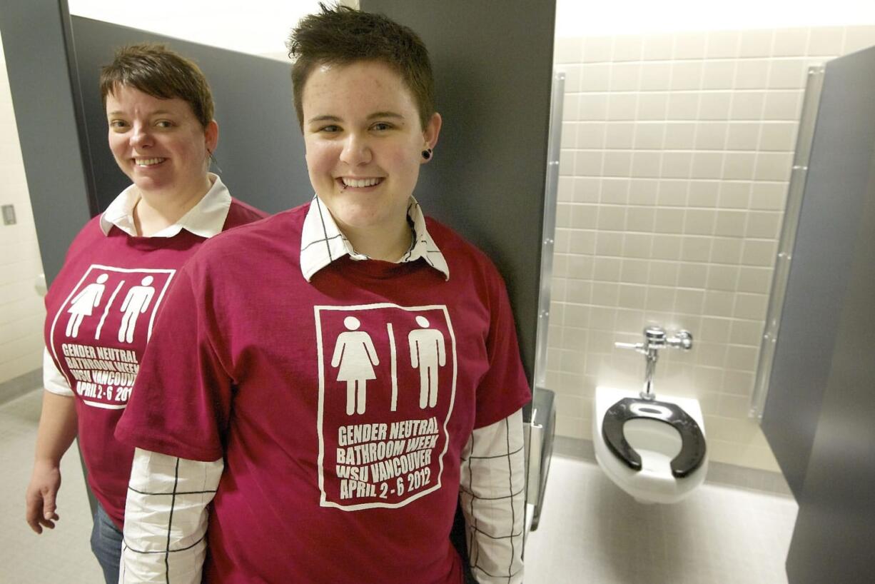 Meredith Williams, left, and Janae Teal have organized a weeklong restroom campaign at Washington State University Vancouver, after Teal frequently was harassed in women's restrooms on campus.