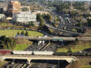 Traffic heads south toward Portland on Interstate 5 just north of the bridge in downtown Vancouver.