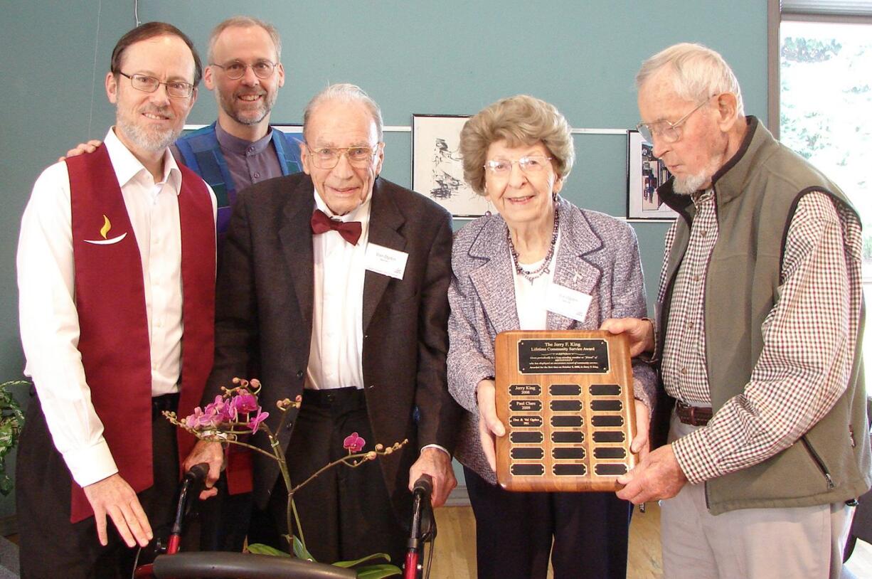 Harney Heights: Dan and Val Ogden were honored with the Jerry F. King Lifetime Achievement Award by the Unitarian Universalist Church of Vancouver. From left, congregation President Charlie Mitchell, the Rev.