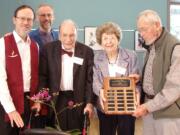 Harney Heights: Dan and Val Ogden were honored with the Jerry F. King Lifetime Achievement Award by the Unitarian Universalist Church of Vancouver. From left, congregation President Charlie Mitchell, the Rev.