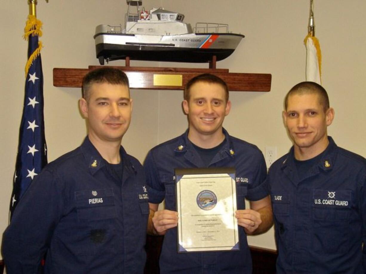 Salmon Creek: Boatswains Mate Second Class Jim Farian receiving his certificate as Coast Guard Station Depoe Bay Sailor of the Quarter for the fourth quarter of 2011.