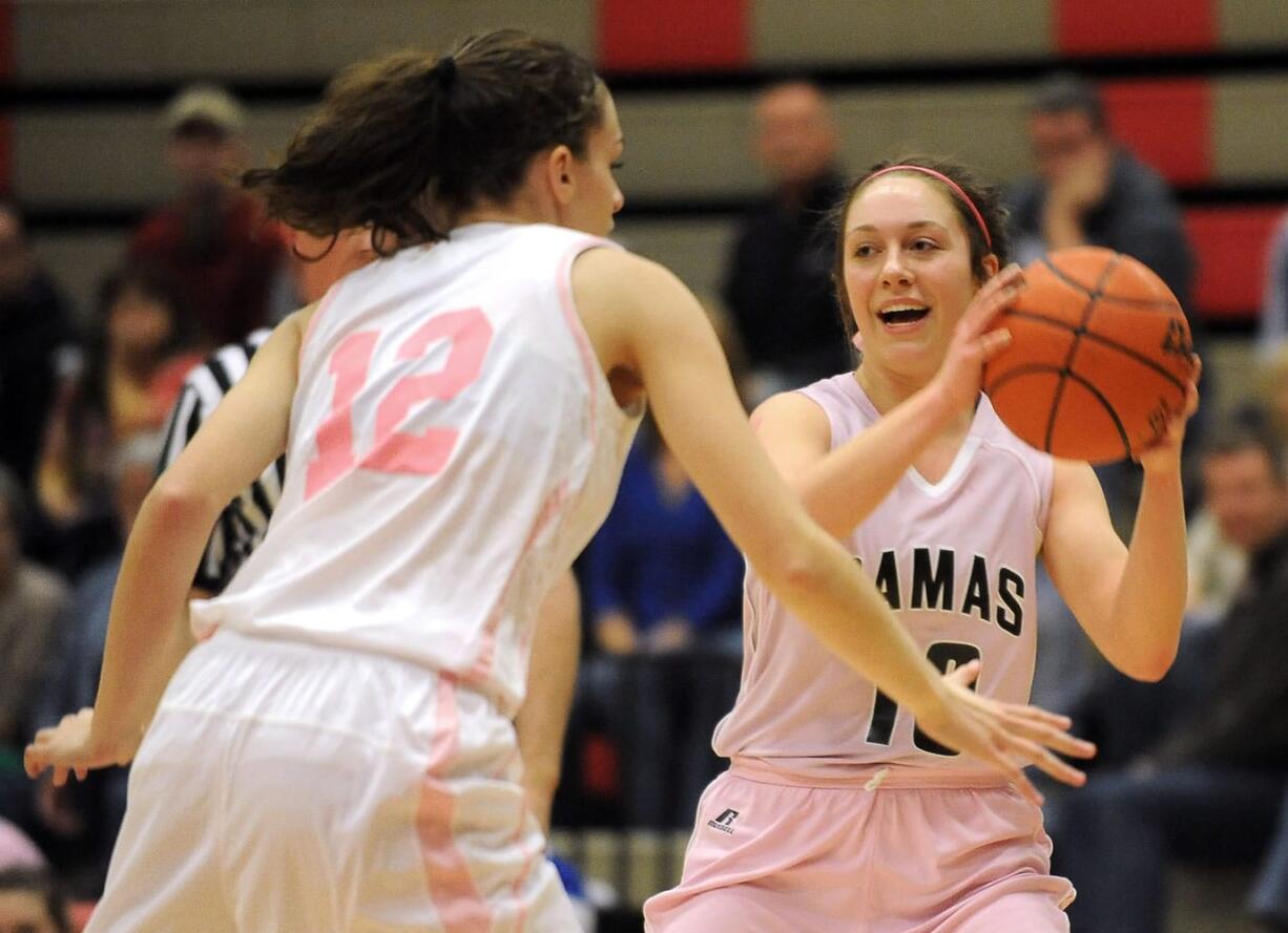 Teague Schroeder of Camas (right) tries to navigate the ball around Mountain View&#039;s Kathleen Hurst at a basketball game at Camas High School, Friday January 15, 2016.