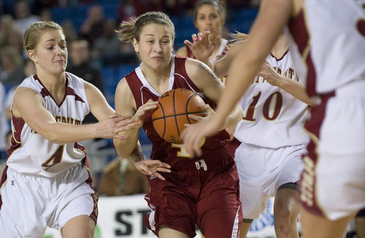 Prairie's Jackie Lanz drives against University at the 3A Girls State Basketball Tournament in Tacoma, Friday, March 2, 2012.(Steven Lane/The Columbian)