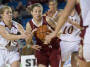 Prairie's Jackie Lanz drives against University at the 3A Girls State Basketball Tournament in Tacoma, Friday, March 2, 2012.(Steven Lane/The Columbian)