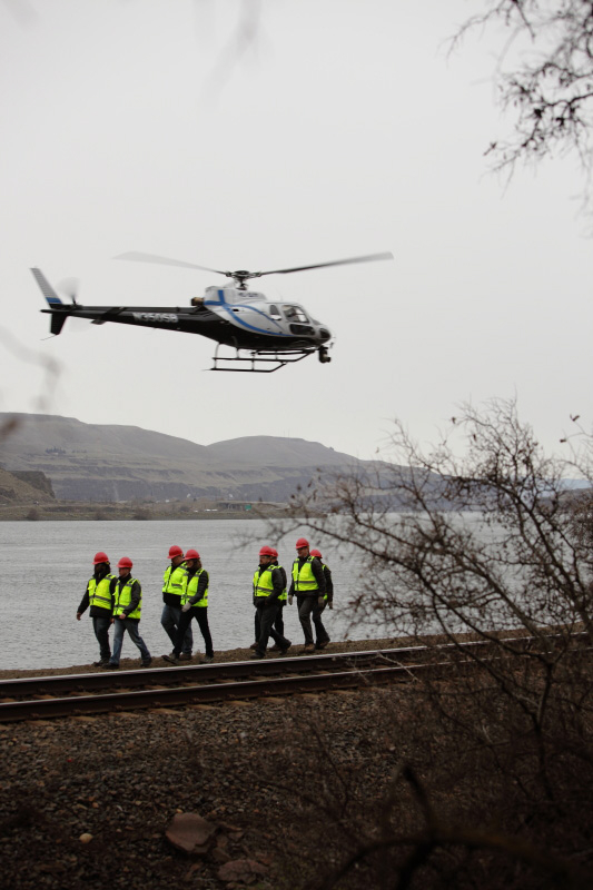 A helicopter is used to film a segment of a GE television commercial in the Columbia River Gorge.