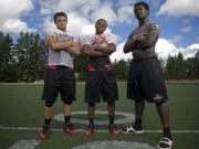 Camas linebacker Kyle Goodnow, left, running back Zack Marshall and defensive lineman Kamari Brown are three senior leaders for a Papermakers team that has high expectations.