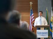 Vancouver Mayor Tim Leavitt delivers his annual State of the City speech in March. Leavitt said Sunday that he fell victim to a vehicle prowl over the weekend while he was in Portland visiting a friend.