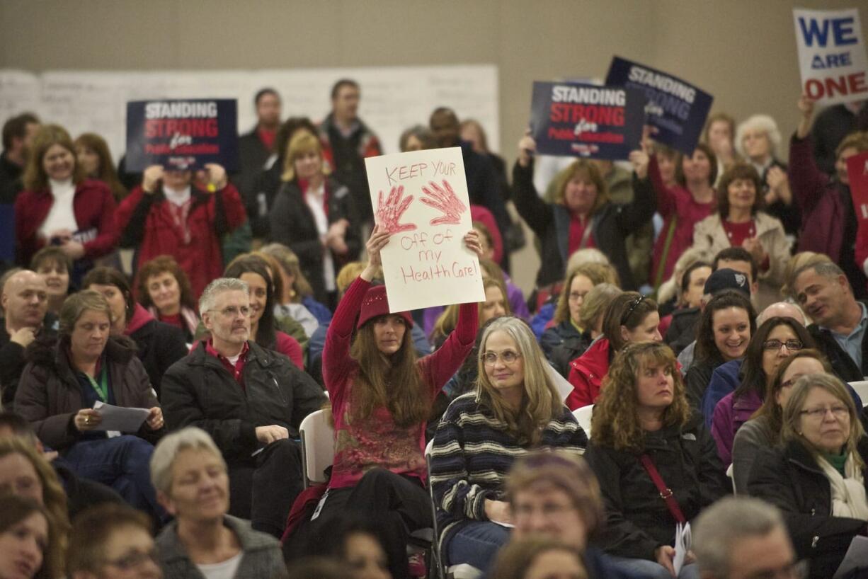 Mechelle Griffin, a teacher at Mountain View High School and an educator for 22 years, sums up the feelings of union members at a rally in Ridgefield.