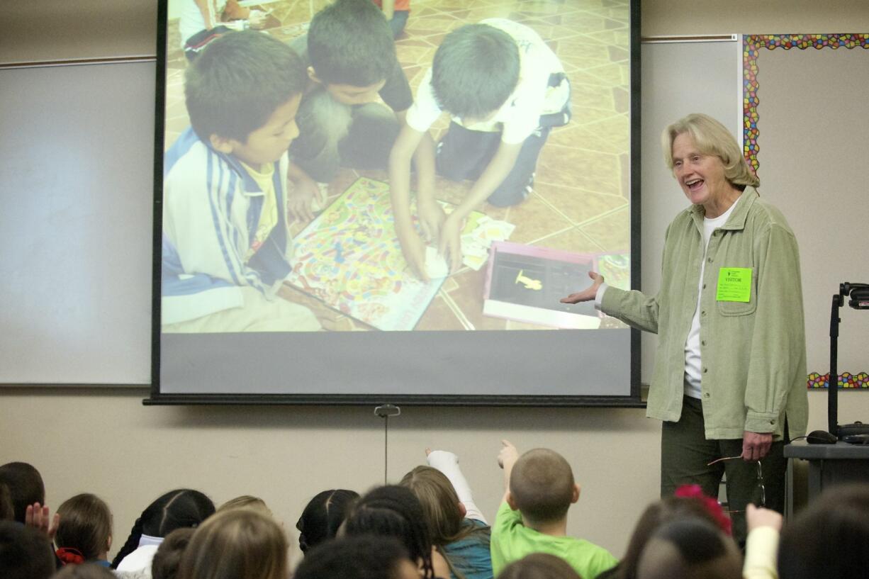 GeGe Coleman, director of a school in the mountains of Peru, came to Orchards Elementary on Thursday to thank the Vancouver students for their generous donations to her school. Orchards' students collected some $1,500 last year and are about to raise more money for the school in Peru.