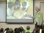 GeGe Coleman, director of a school in the mountains of Peru, came to Orchards Elementary on Thursday to thank the Vancouver students for their generous donations to her school. Orchards' students collected some $1,500 last year and are about to raise more money for the school in Peru.