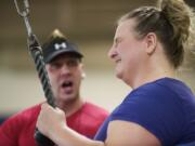 Angie Landon works out with personal trainer Calvin Cosgrove at 24 Hour Fitness -- The Palms on Thursday.