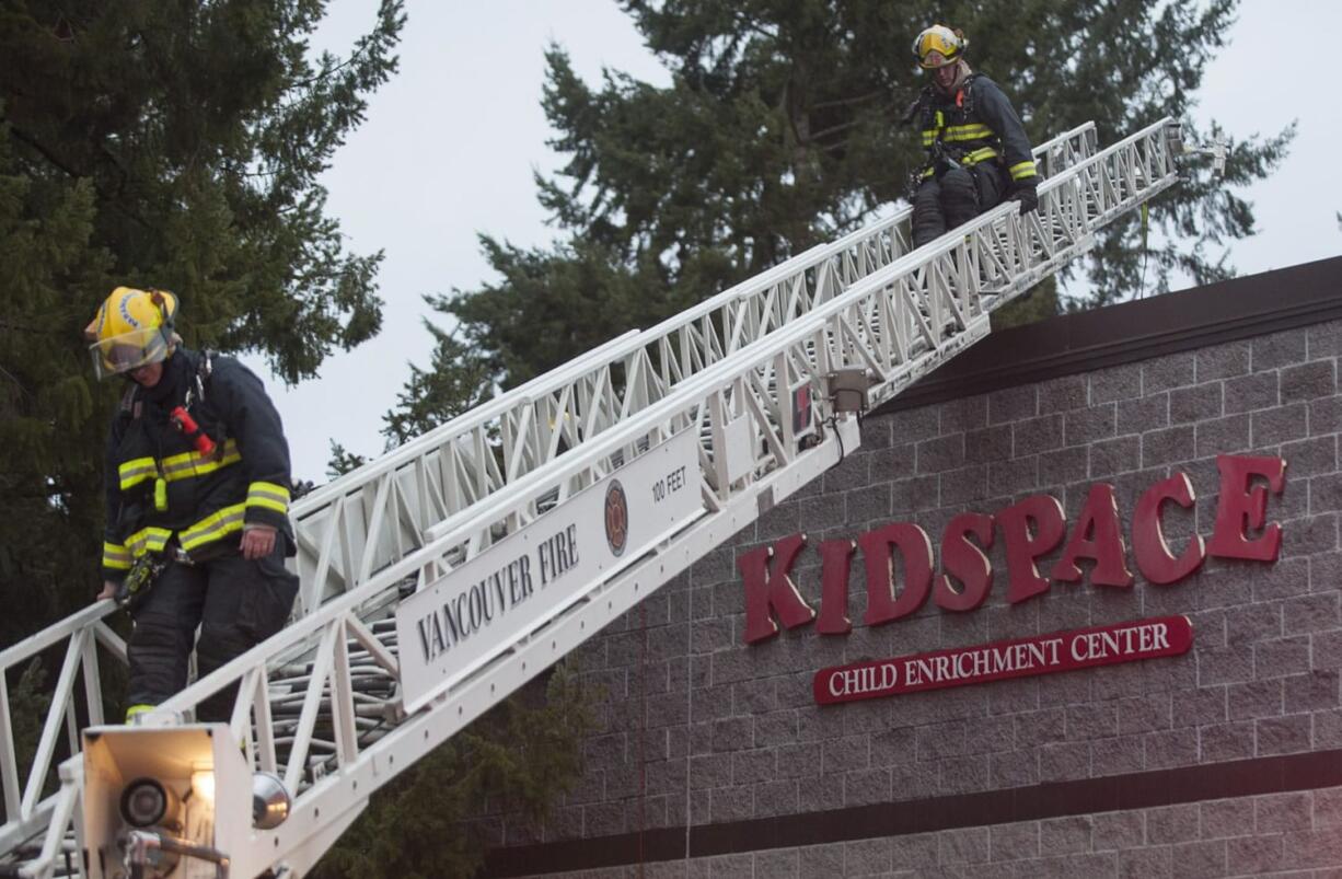 The Vancouver Fire Department responds Wednesday to a fire reported at the Kidspace Child Enrichment Center near Vancouver Mall.