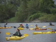 Boaters paddle in canoes provided by the Lower Columbia River Estuary Partnership during the Big Paddle event on Saturday.