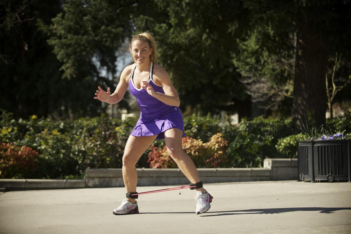 WEEK 4 - EXERCUFF SIDE STEPS: Sherri McMillan demonstrates exercises you can do outdoors as part of an eight-week fitness program.