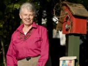 Artist Kathy Winters, shown, Thursday, November 3, 2011, has helped organize a movement in Ridgefield to put up word houses, bird houses with a box to put art, stories, poetry, etc.