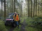 Clark County Forester Jim Vandling looks over a crowded tree stand in the northwestern section of Camp Bonneville,  which will be thinned and sold this year as part of the county's sustainable forest plan.