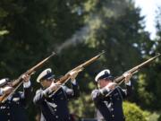 Members of Post 122, from left, Gail Branum, Harlee Horell and Jim Martin, fire three volleys each Saturday during a memorial service for veterans that did not receive a full military funeral at Evergreen Memorial Gardens.