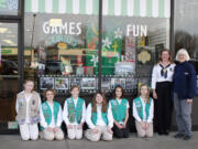 Fircrest: From left, Madison Snyder, Mikayla Munger, Darby Snyder, Aurora Lauser, Brooke Baldwin, Taryn Lake, Scout leader Chris Snyder and Kazoodles co-owner Mary Sisson.