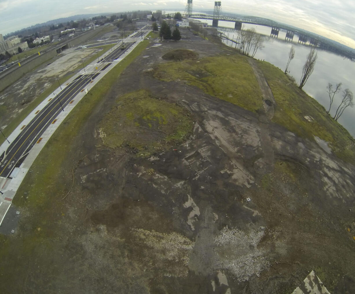 An aerial photograph shot Jan. 7 shows the site of the 32-acre Waterfront Vancouver project. Construction on five buildings and a city park is set to begin this summer.