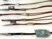 A selection of Zuni and Navajo bolo ties at the new exhibit on the neckwear at the Heard Museum in Phoenix.