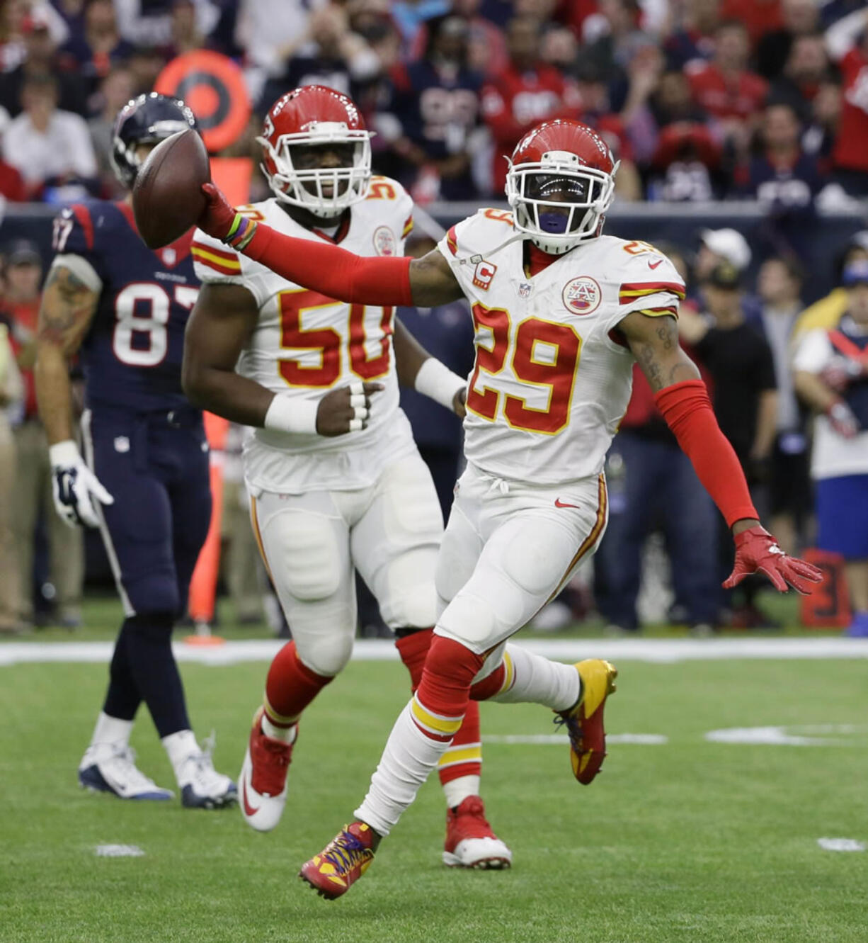 Kansas City Chiefs free safety Eric Berry (29) celebrates his interception against the Houston Texans during the first half of an NFL wild-card football game Saturday, Jan. 9, 2016, in Houston.