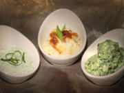 Green goddess dressing, from left, warm and creamy bacon dip, and spinach avocado dip are crowd pleasers.