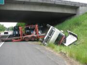 A non-injury, one-car crash is blocking one lane of Interstate 205 south near the Padden Parkway exit.