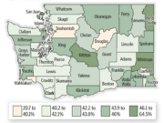 Income inequality in Washington by county as measured by the Gini index. A score of zero equals perfect equality.