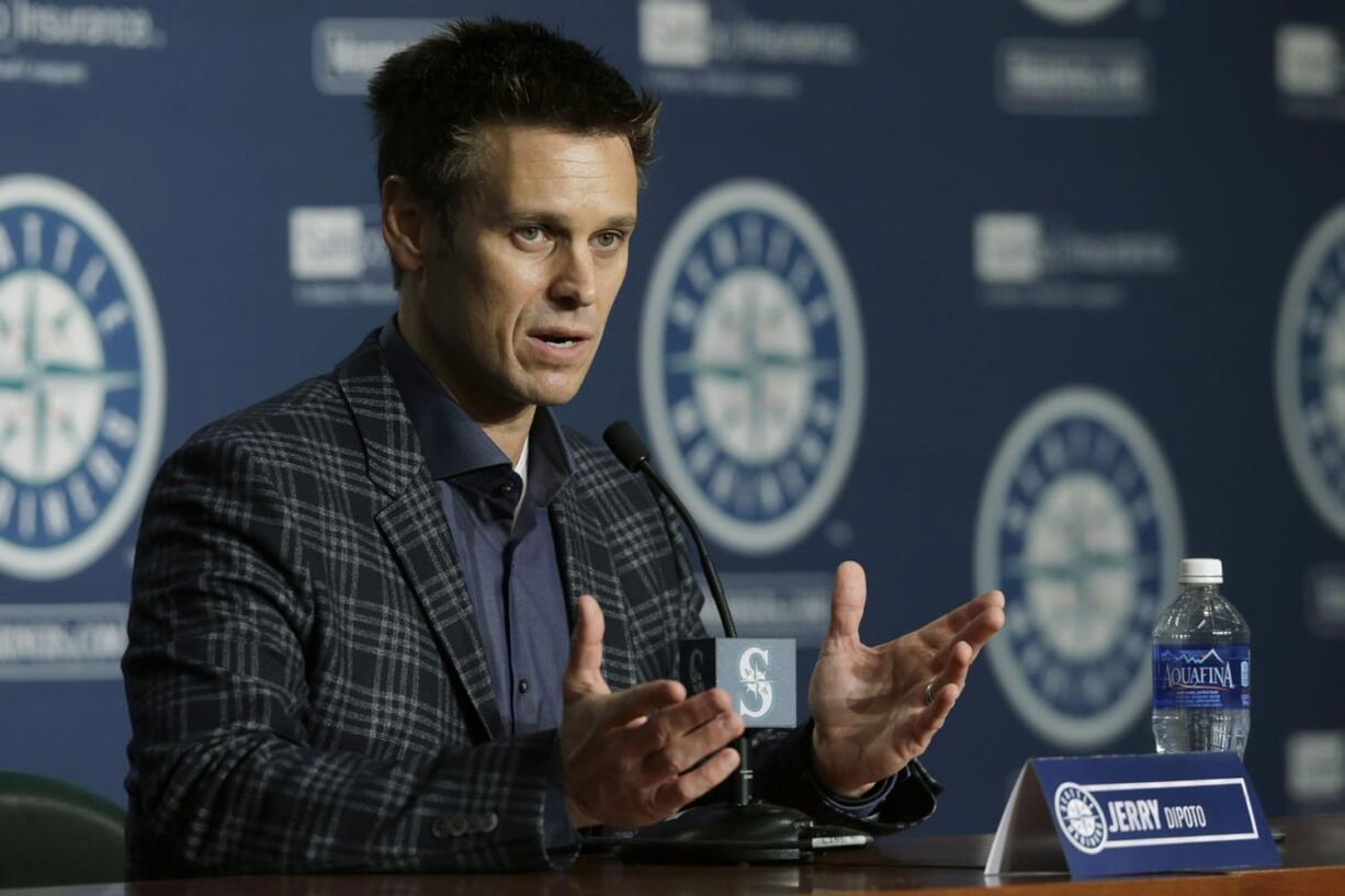 Seattle Mariners general manager Jerry Dipoto talks to reporters Thursday, Jan. 28, 2016 in Seattle during the team's annual briefing before the start of baseball spring training. (AP Photo/Ted S.