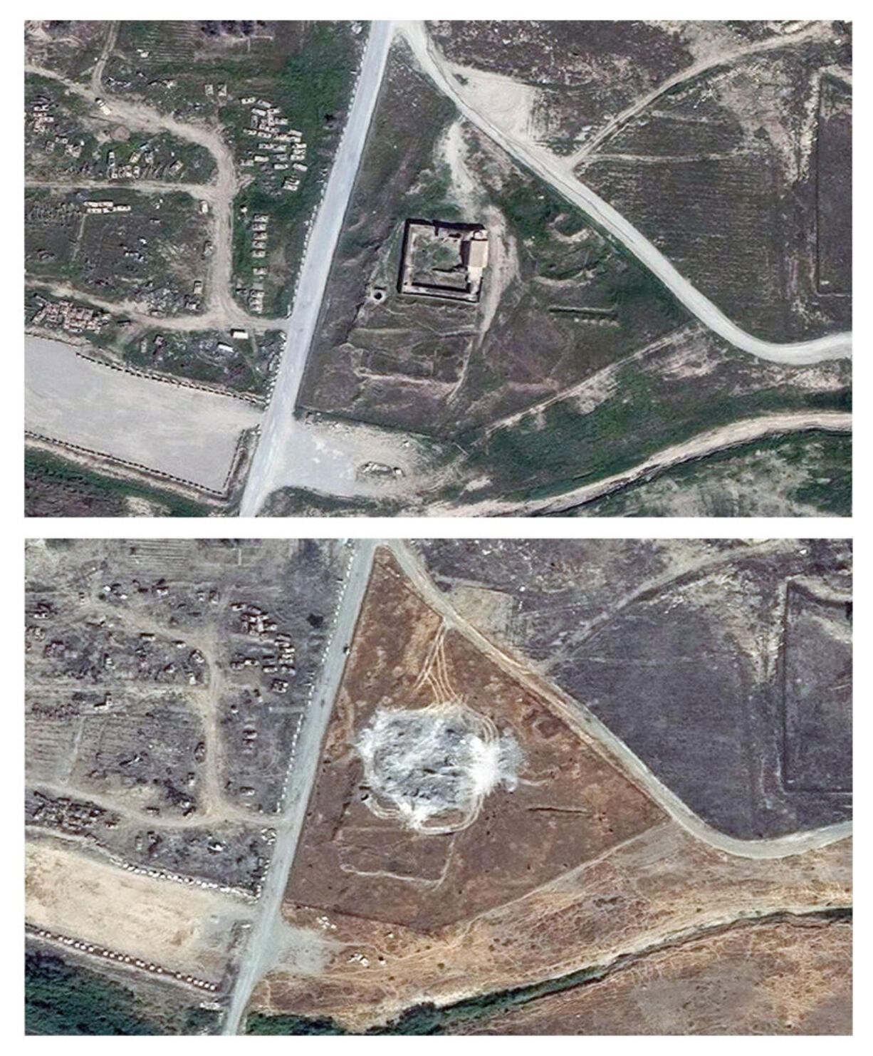 These satellite images, taken March 31, 2011, top, and Sept. 28, 2014, show the site of St. Elijah&#039;s Monastery.