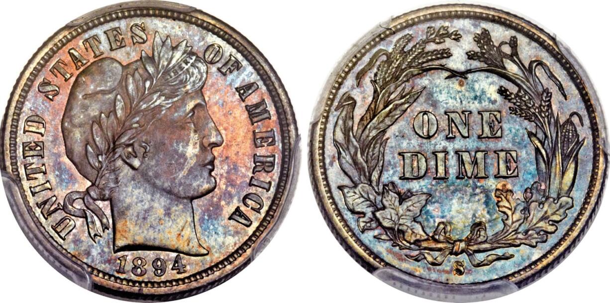 The front and back of a rare 1894 dime that will be put up for auction Thursday in Tampa, Fla. Only nine of the 24 dimes made at the San Francisco mint in 1894 are known today.  The coin is expected to sell for more than $1 million in the auction.